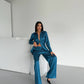 Teal Jacquard Satin Pyjama Set for Women – Textured Luxury Nightwear