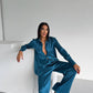 Teal Jacquard Satin Pyjama Set for Women – Textured Luxury Nightwear
