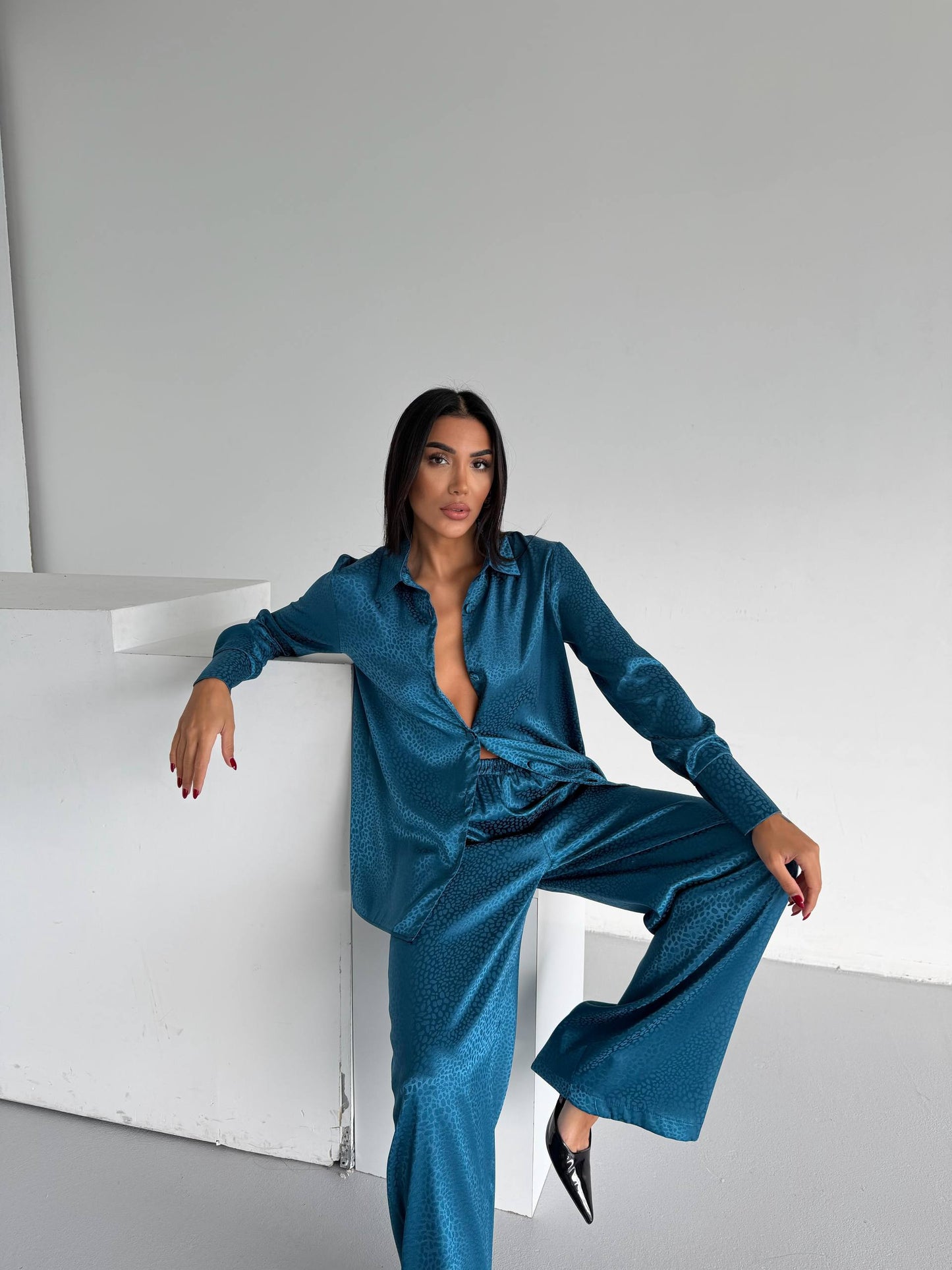 Teal Jacquard Satin Pyjama Set for Women – Textured Luxury Nightwear
