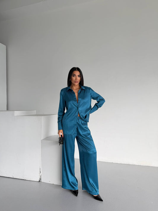 Teal Jacquard Satin Pyjama Set for Women – Textured Luxury Nightwear