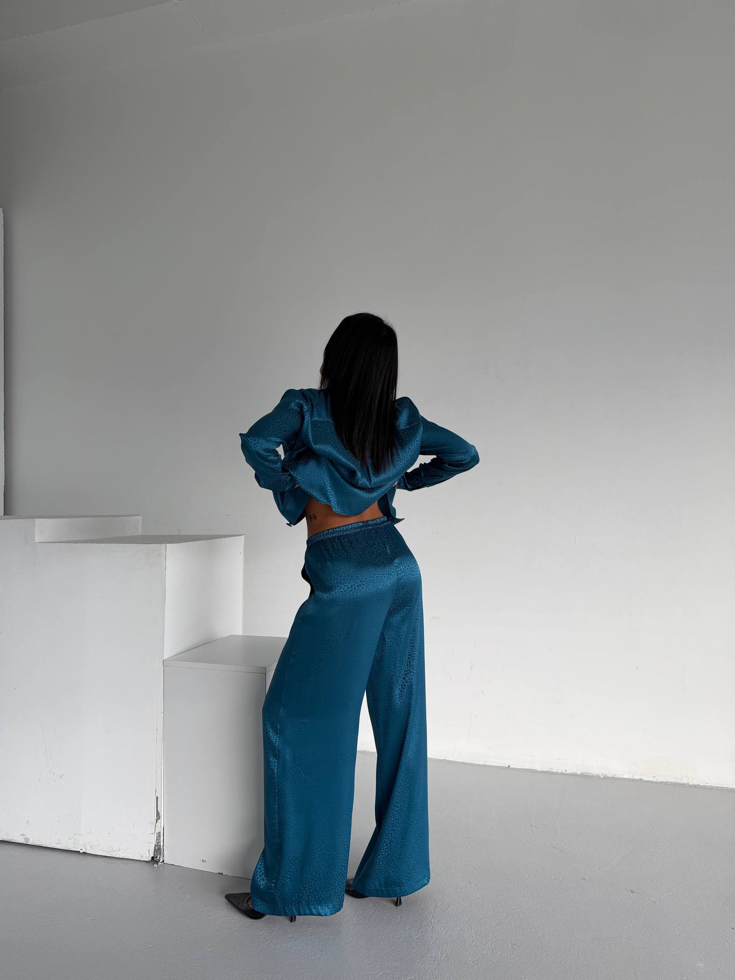 Teal Jacquard Satin Pyjama Set for Women – Textured Luxury Nightwear