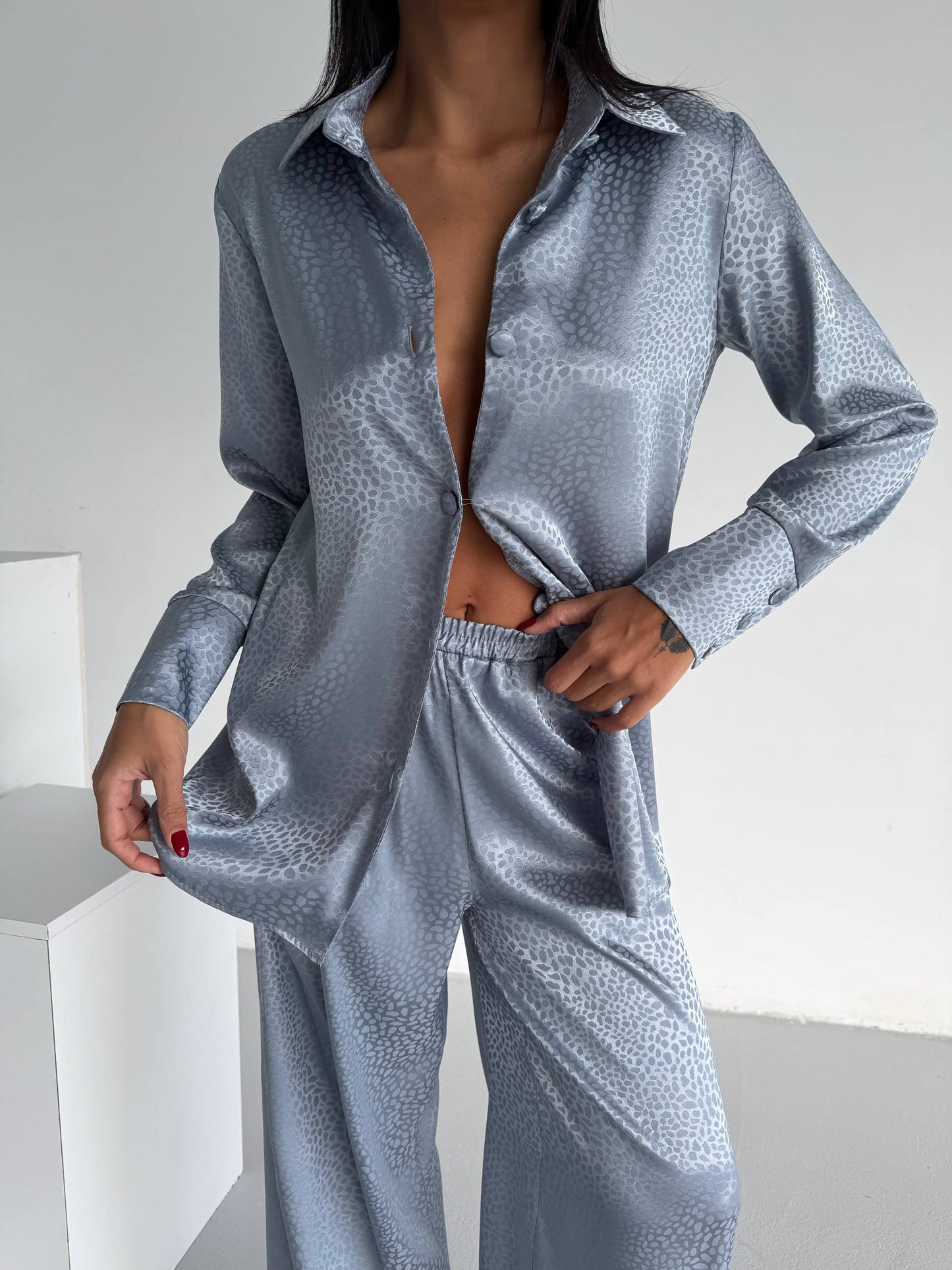Silver Grey Jacquard Satin Pyjama Set for Women – Textured Luxury Nightwear