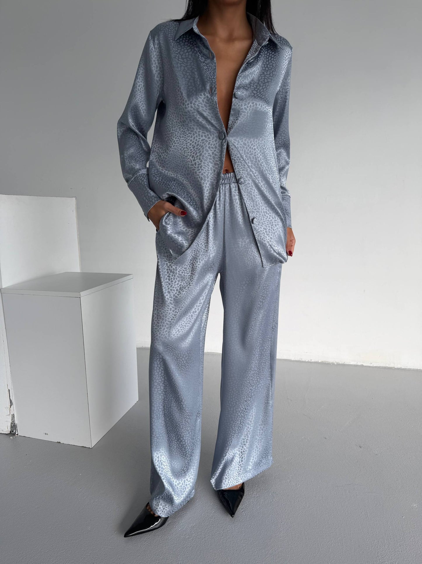 Silver Grey Jacquard Satin Pyjama Set for Women – Textured Luxury Nightwear
