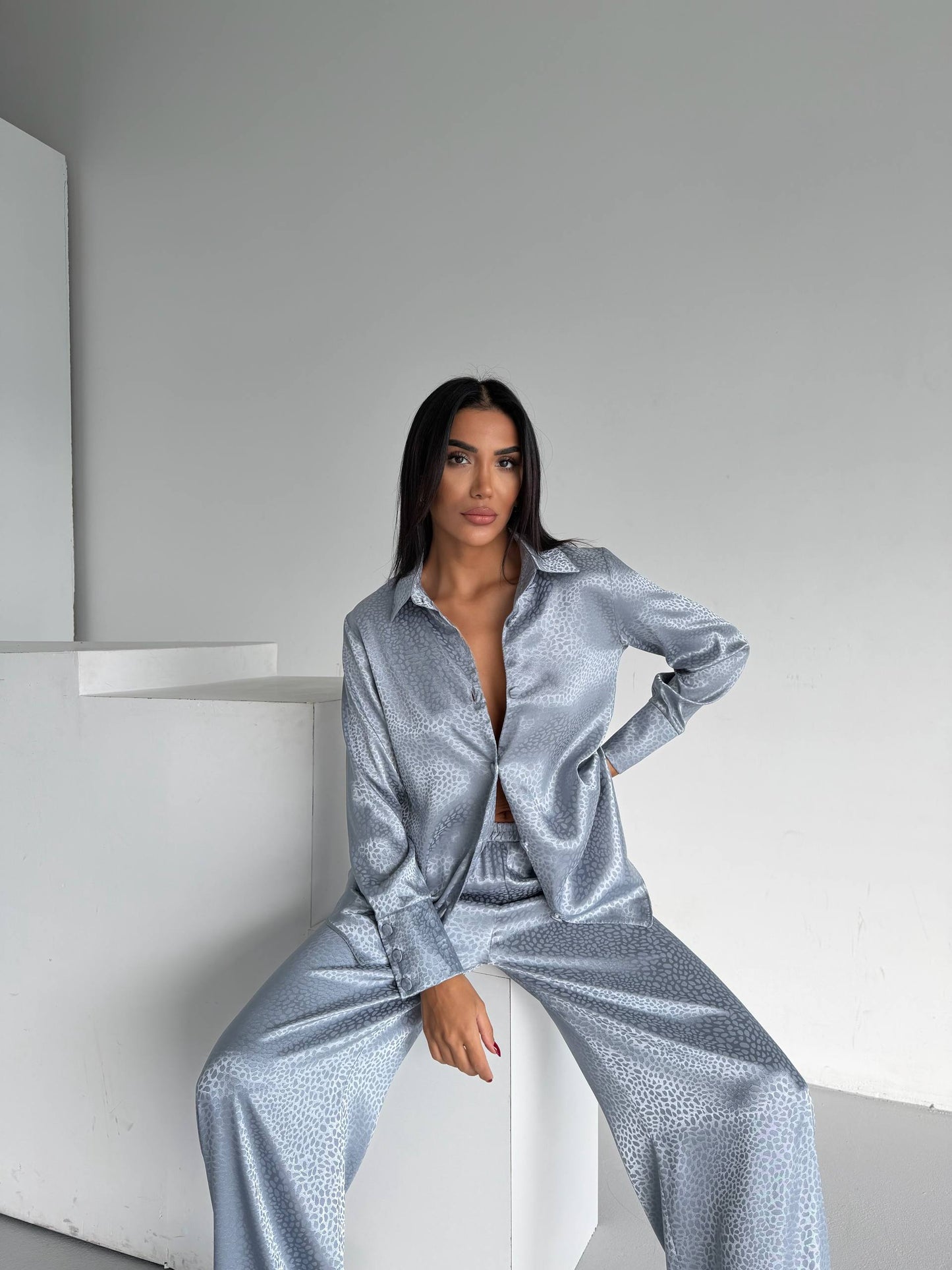Silver Grey Jacquard Satin Pyjama Set for Women – Textured Luxury Nightwear