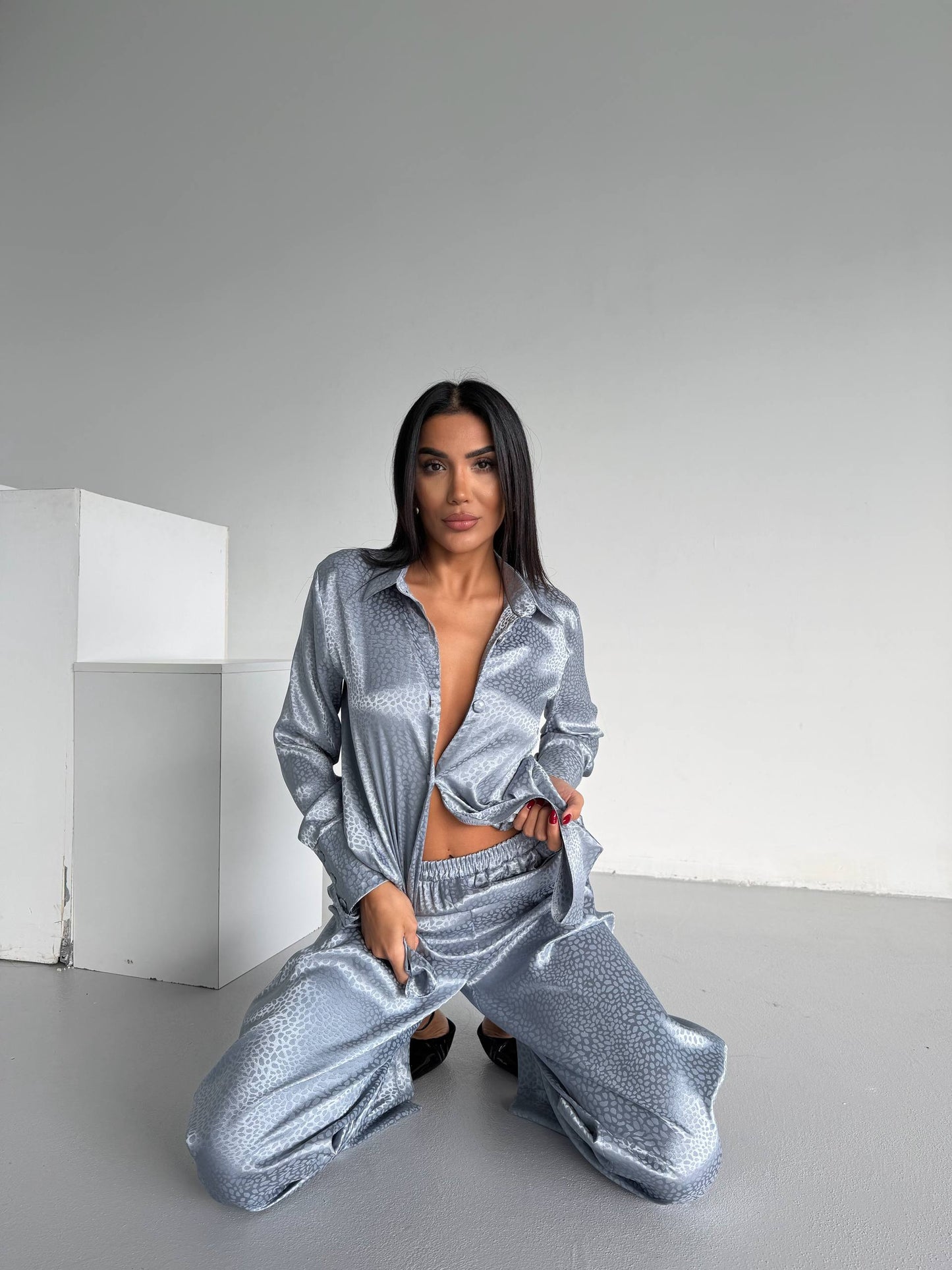 Silver Grey Jacquard Satin Pyjama Set for Women – Textured Luxury Nightwear
