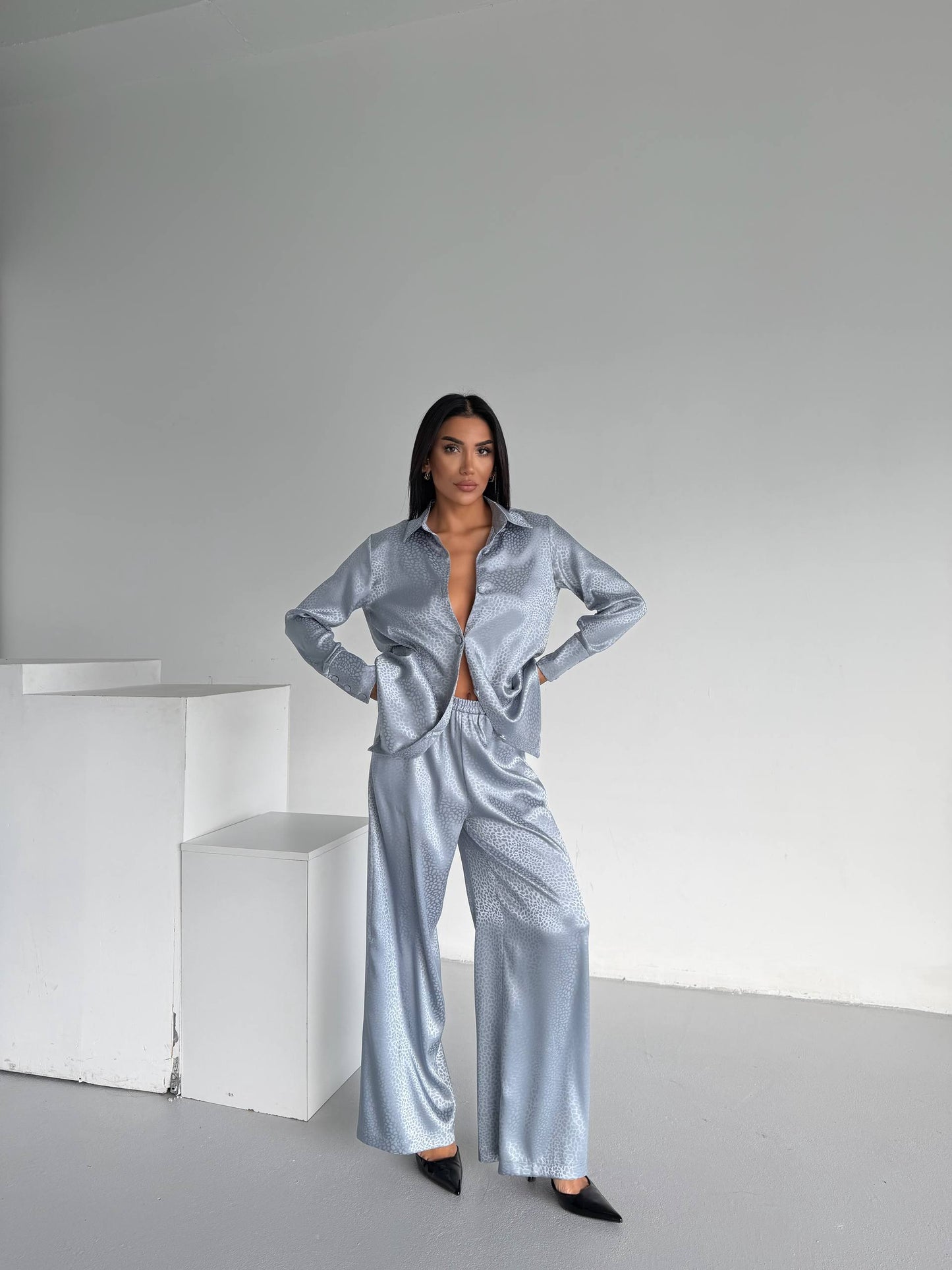 Silver Grey Jacquard Satin Pyjama Set for Women – Textured Luxury Nightwear