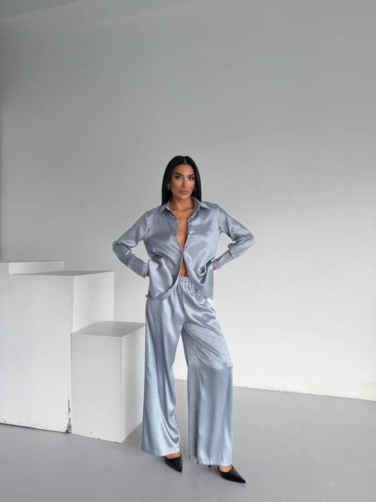 Silver Grey Jacquard Satin Pyjama Set for Women – Textured Luxury Nightwear