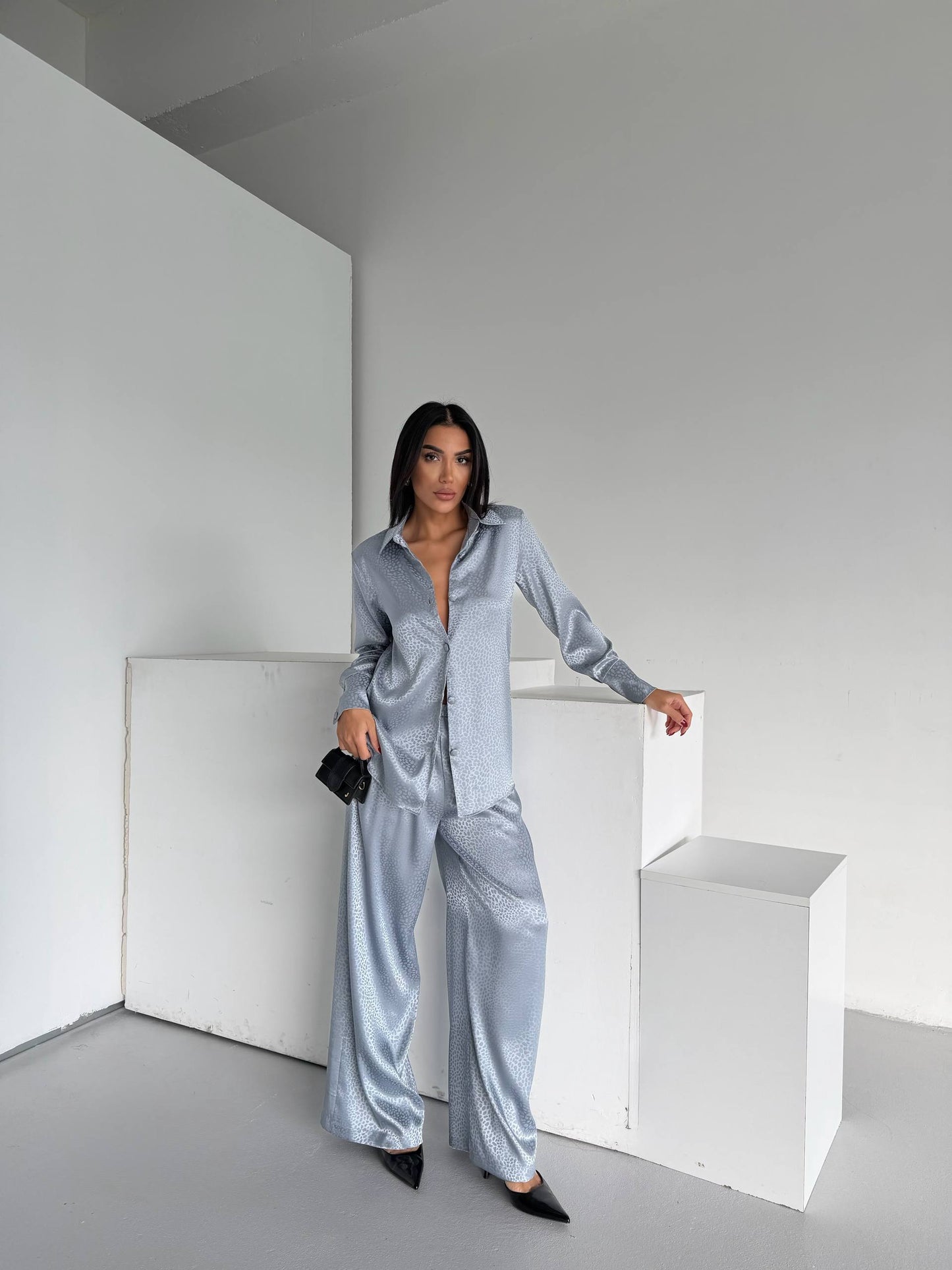 Silver Grey Jacquard Satin Pyjama Set for Women – Textured Luxury Nightwear