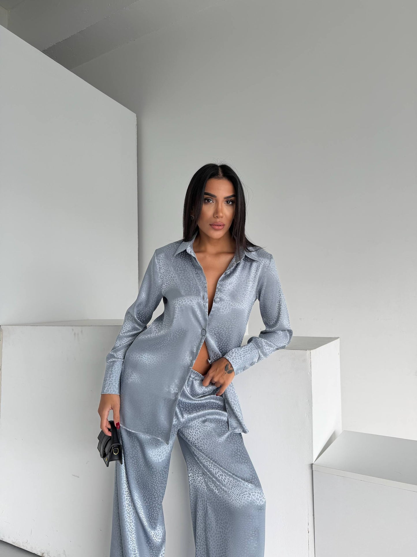 Silver Grey Jacquard Satin Pyjama Set for Women – Textured Luxury Nightwear