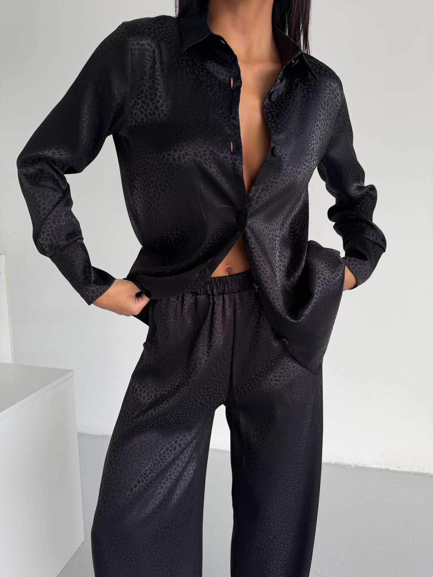 Black Jacquard Satin Pyjama Set for Women – Textured Luxury Nightwear