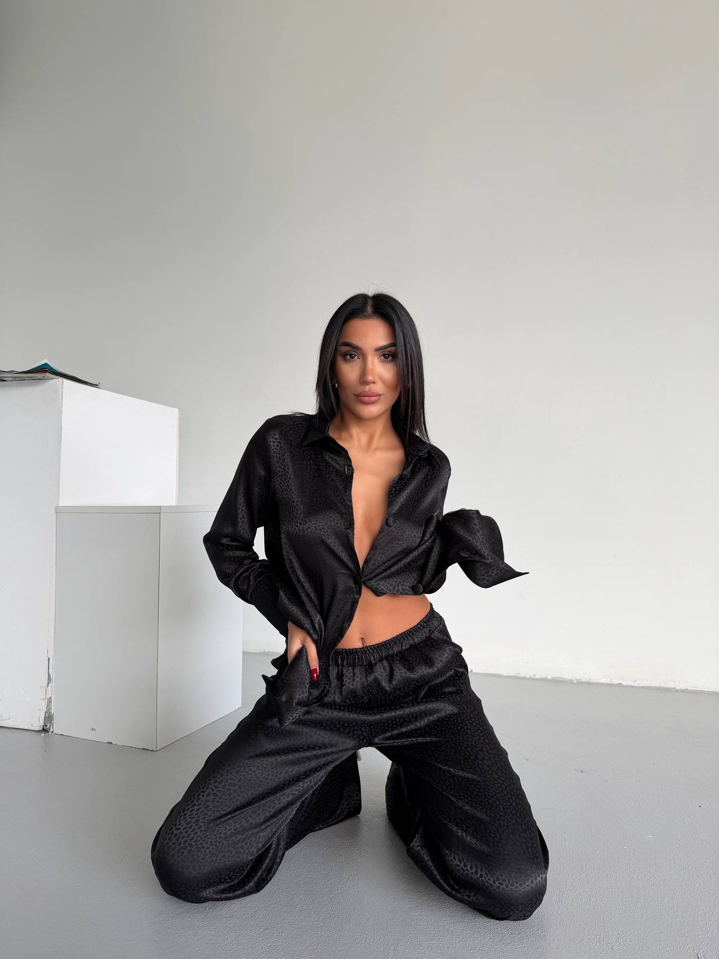 Black Jacquard Satin Pyjama Set for Women – Textured Luxury Nightwear