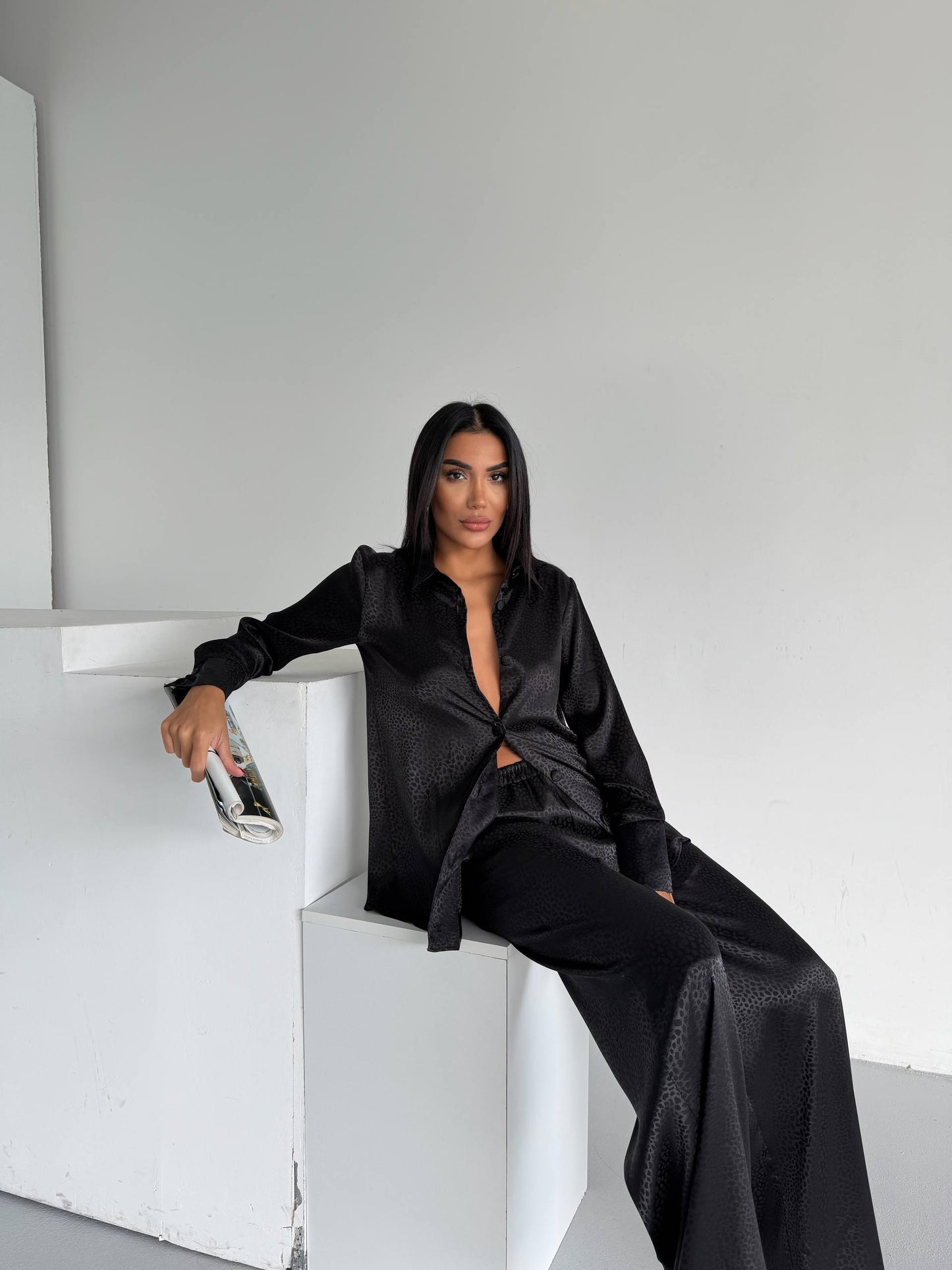 Black Jacquard Satin Pyjama Set for Women – Textured Luxury Nightwear