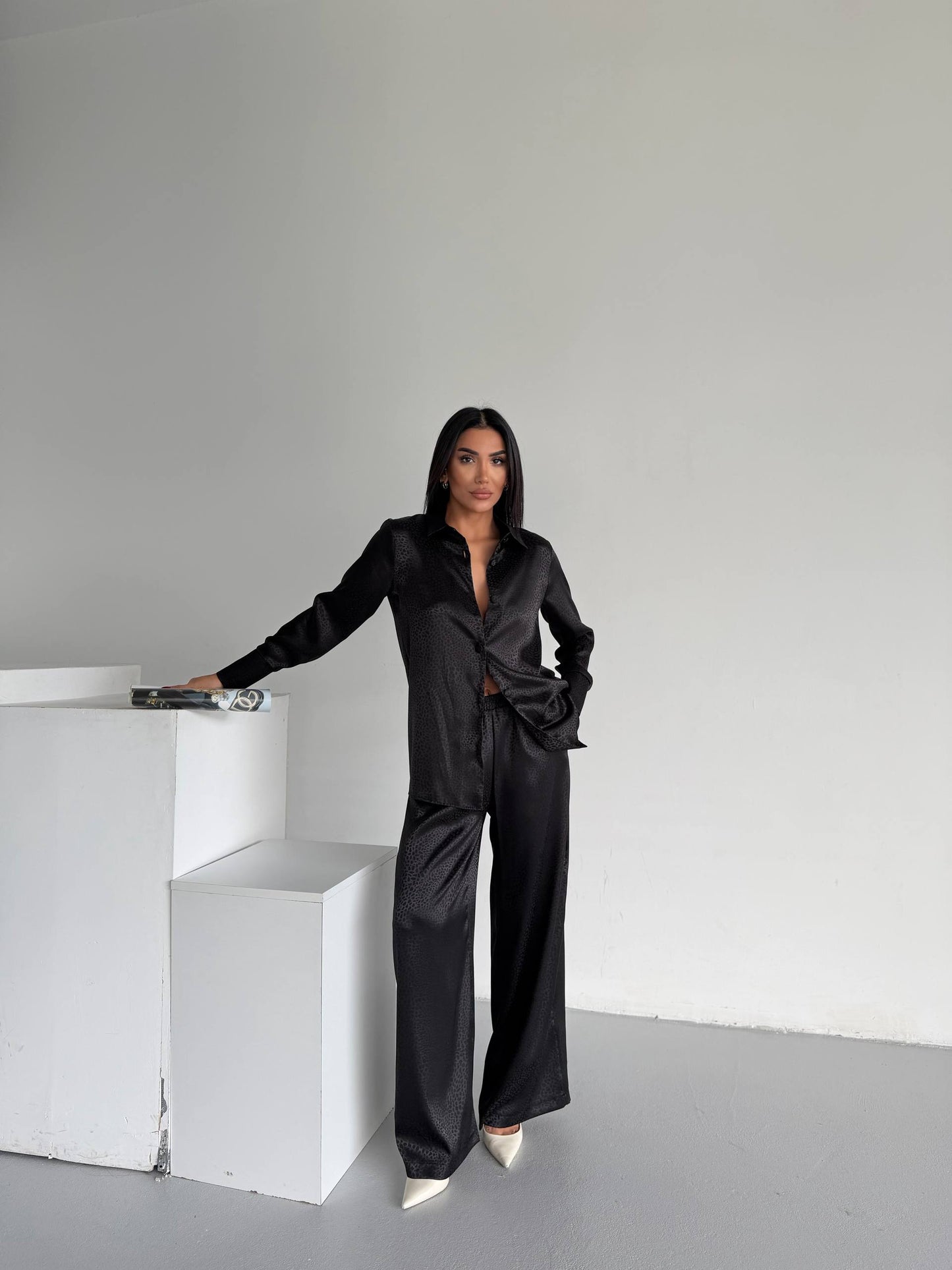 Black Jacquard Satin Pyjama Set for Women – Textured Luxury Nightwear