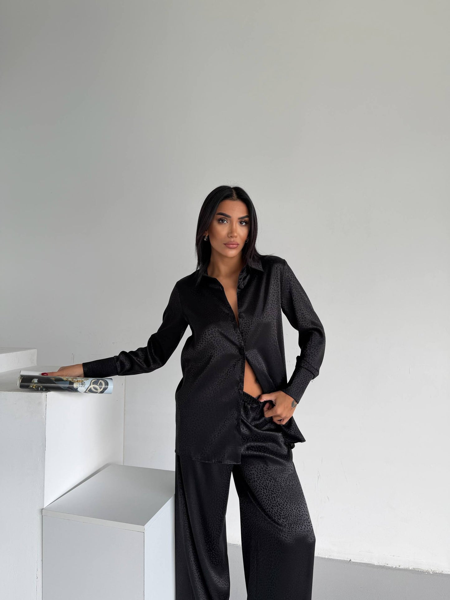 Black Jacquard Satin Pyjama Set for Women – Textured Luxury Nightwear