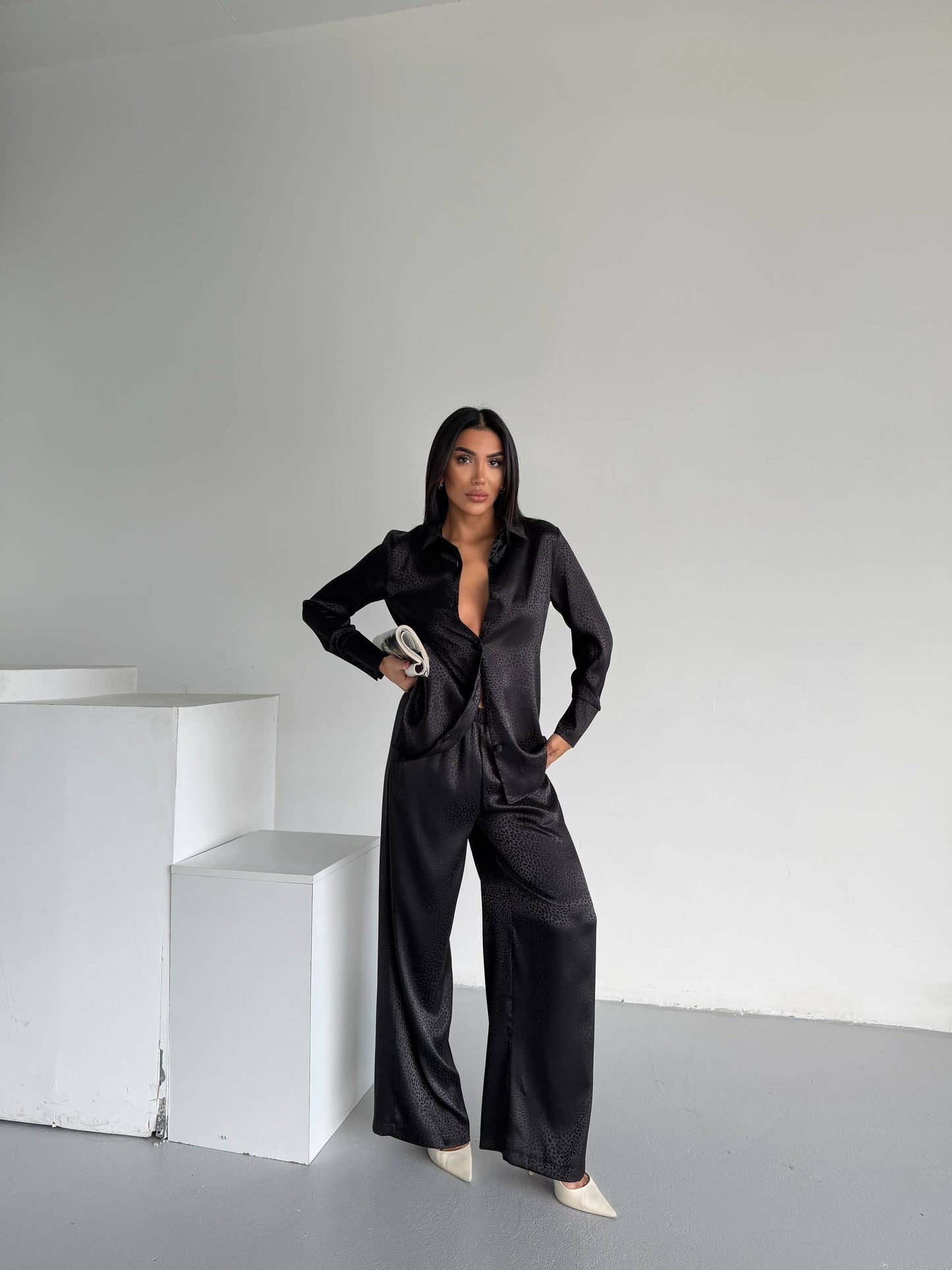 Black Jacquard Satin Pyjama Set for Women – Textured Luxury Nightwear