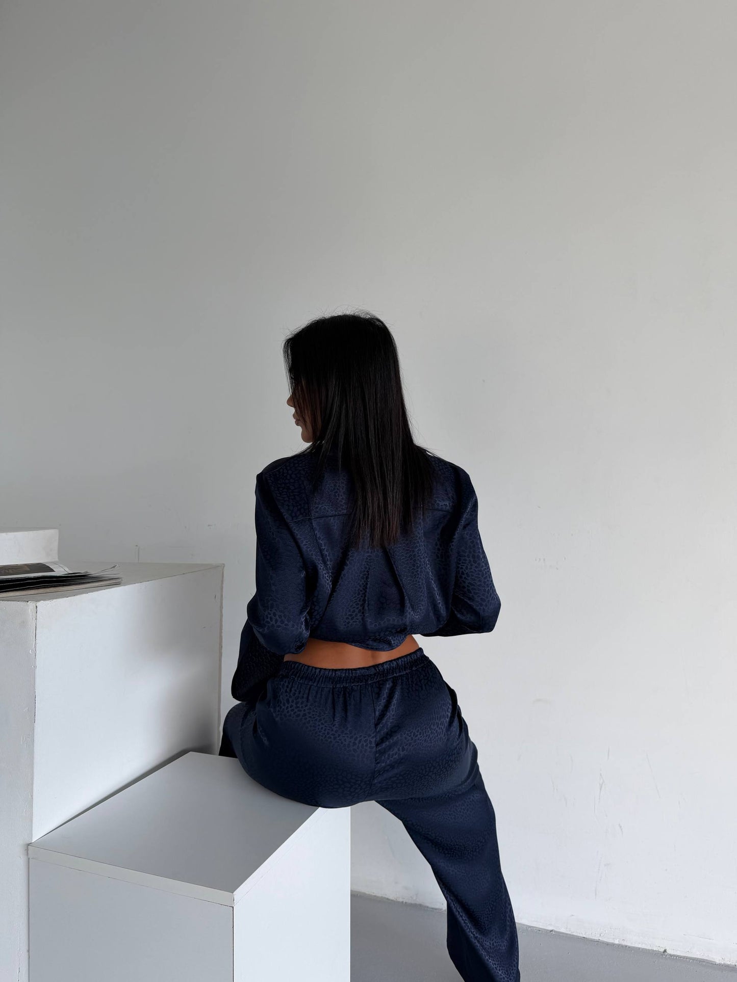 Midnight Navy Jacquard Satin Pyjama Set for Women – Textured Luxury Nightwear