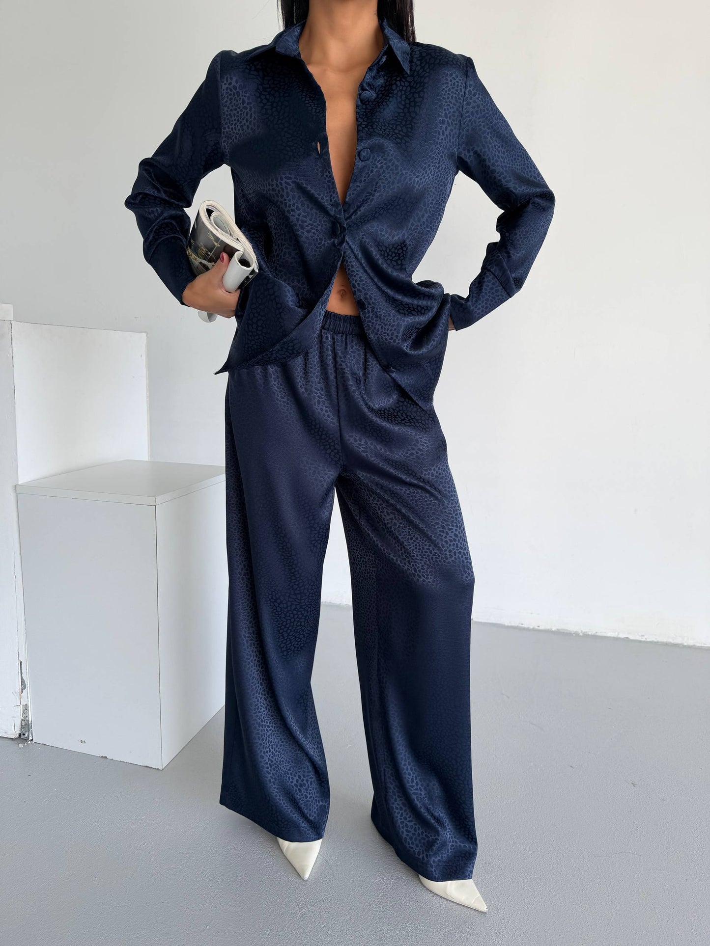 Midnight Navy Jacquard Satin Pyjama Set for Women – Textured Luxury Nightwear