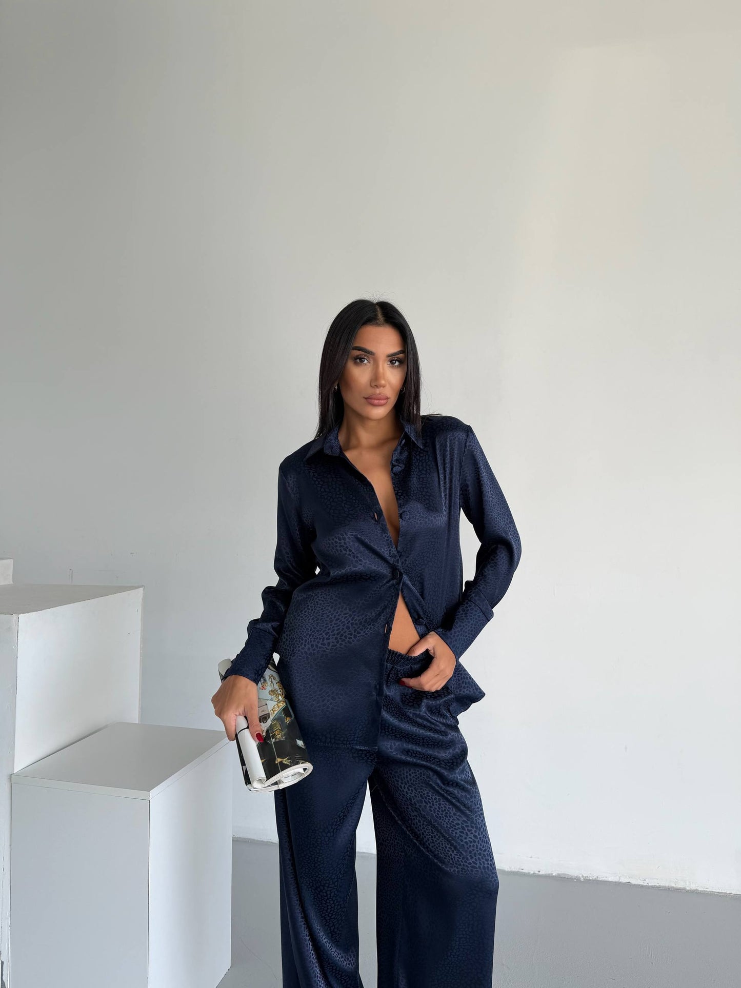 Midnight Navy Jacquard Satin Pyjama Set for Women – Textured Luxury Nightwear