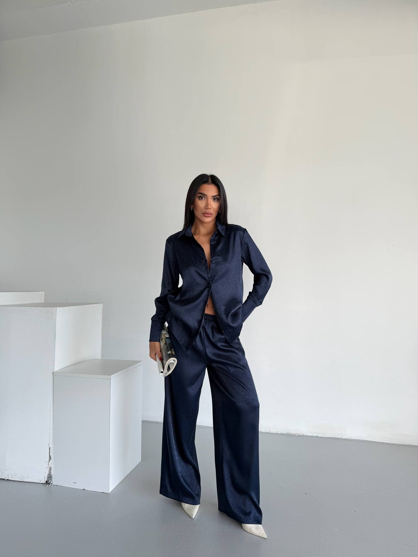 Midnight Navy Jacquard Satin Pyjama Set for Women – Textured Luxury Nightwear