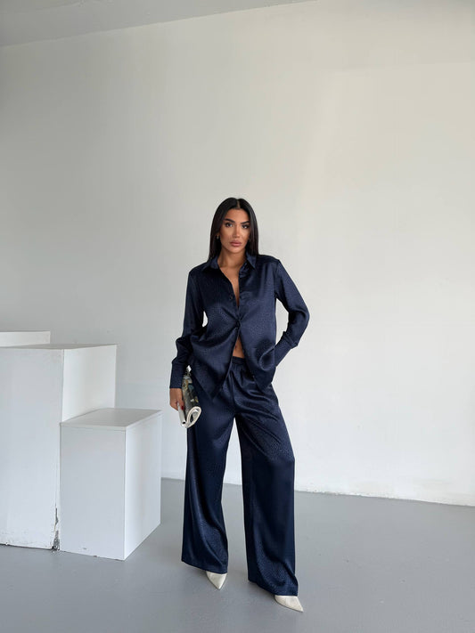 Midnight Navy Jacquard Satin Pyjama Set for Women – Textured Luxury Nightwear