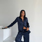 Midnight Navy Jacquard Satin Pyjama Set for Women – Textured Luxury Nightwear