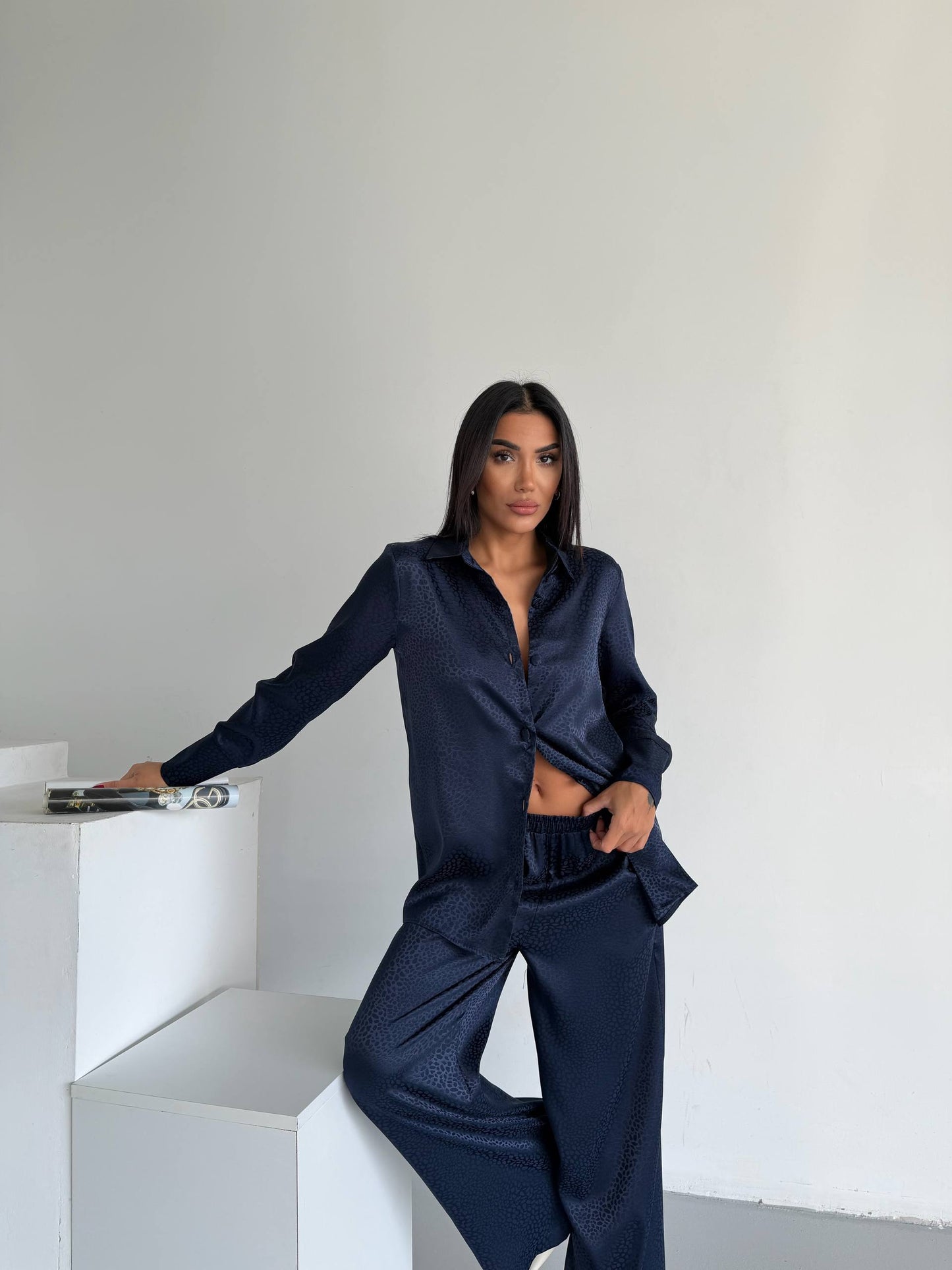 Midnight Navy Jacquard Satin Pyjama Set for Women – Textured Luxury Nightwear