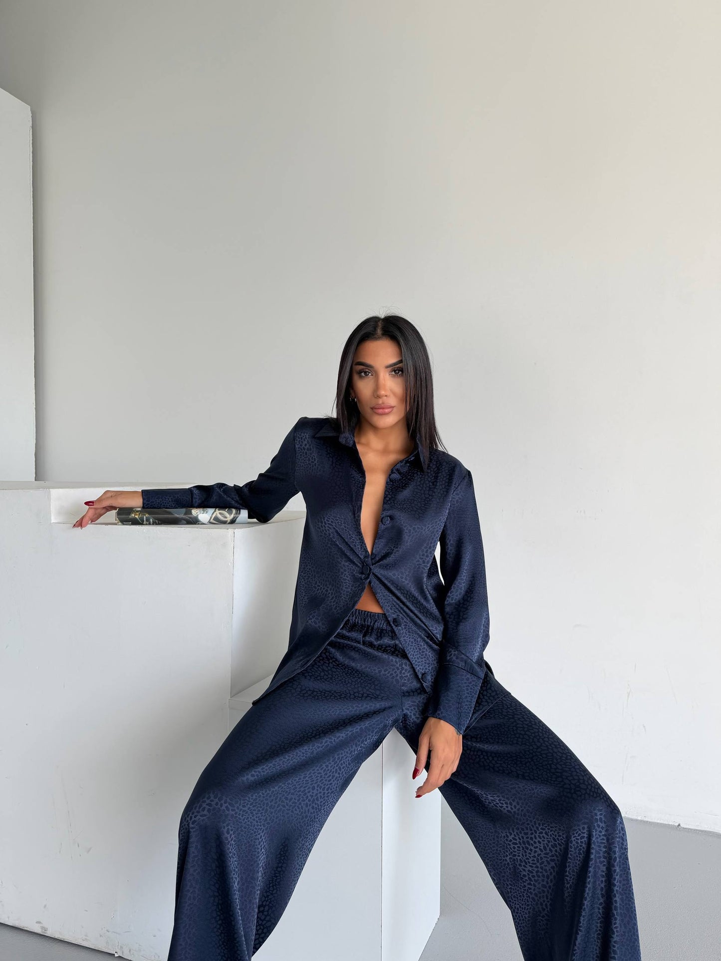Midnight Navy Jacquard Satin Pyjama Set for Women – Textured Luxury Nightwear