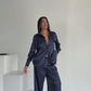 Midnight Navy Jacquard Satin Pyjama Set for Women – Textured Luxury Nightwear