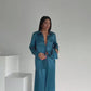 Teal Jacquard Satin Pyjama Set for Women – Textured Luxury Nightwear
